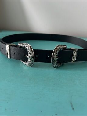 Double Buckle Black Leather Belt with Silver Western Buckles